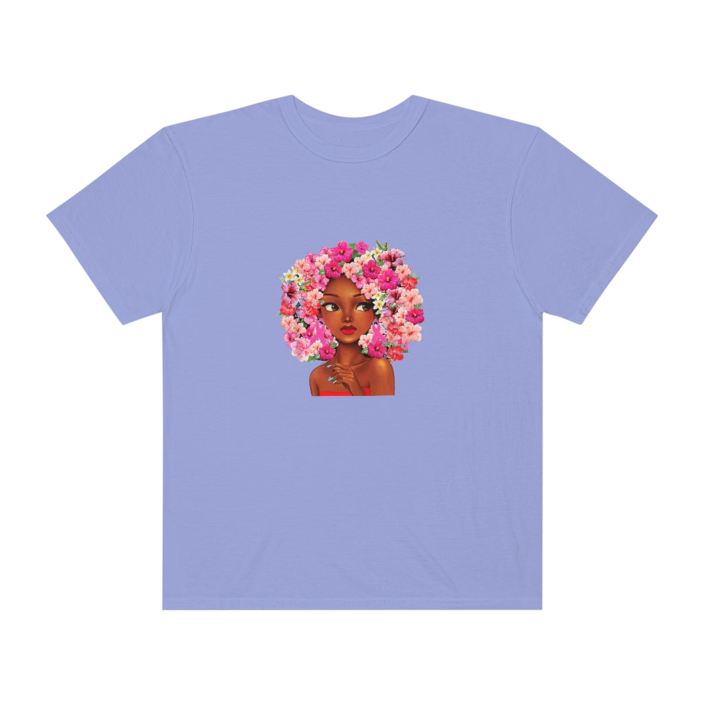 Black Girl with flowered Hair on Tee
