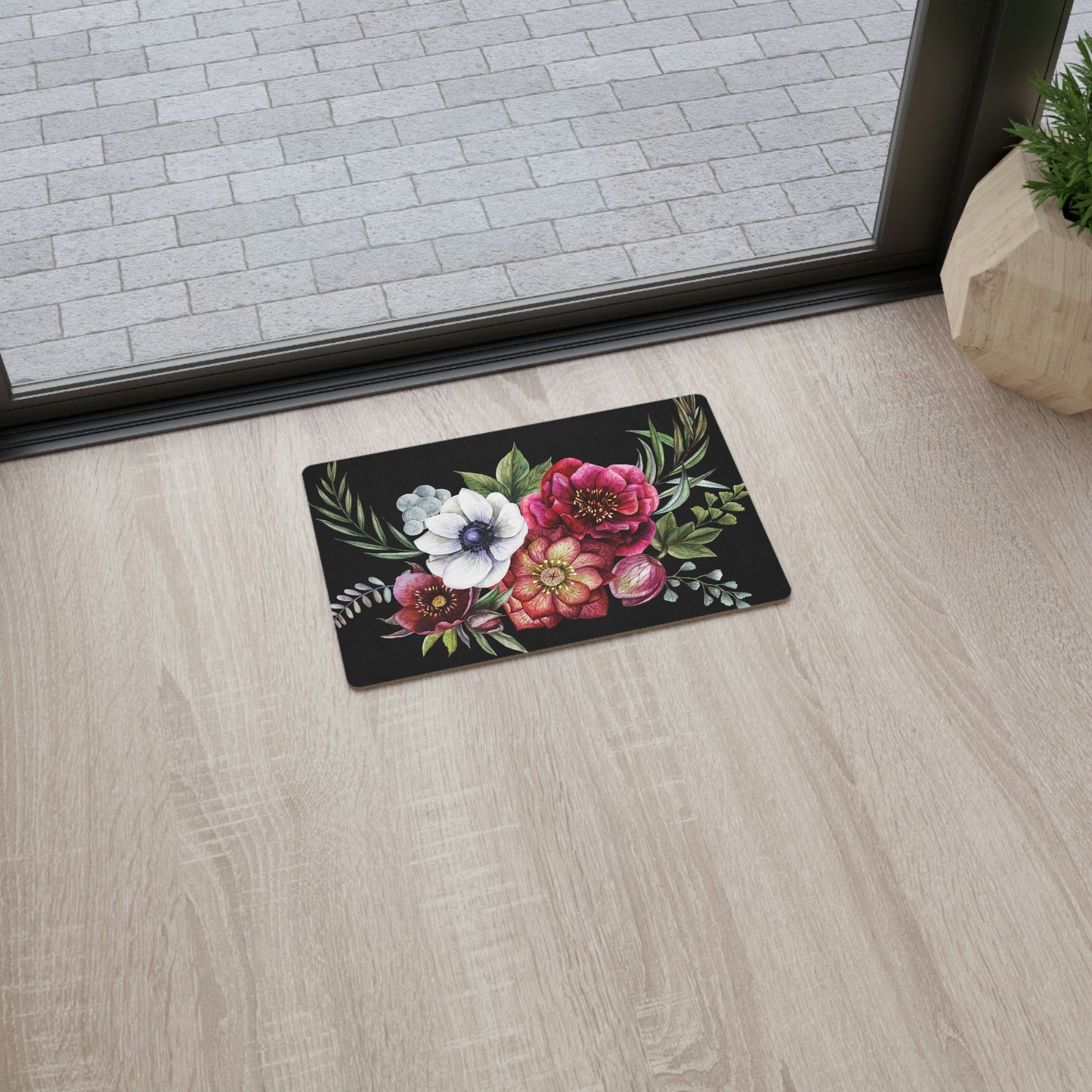 Floor Mat Dahlia Flowers on Black Colorful Floor Mat