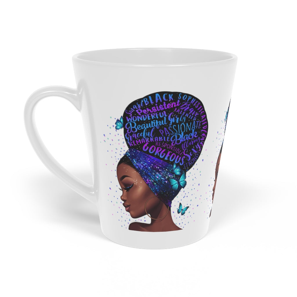 Beautiful Black woman on a white mug. Gorgeous, compassionate & Persistent.