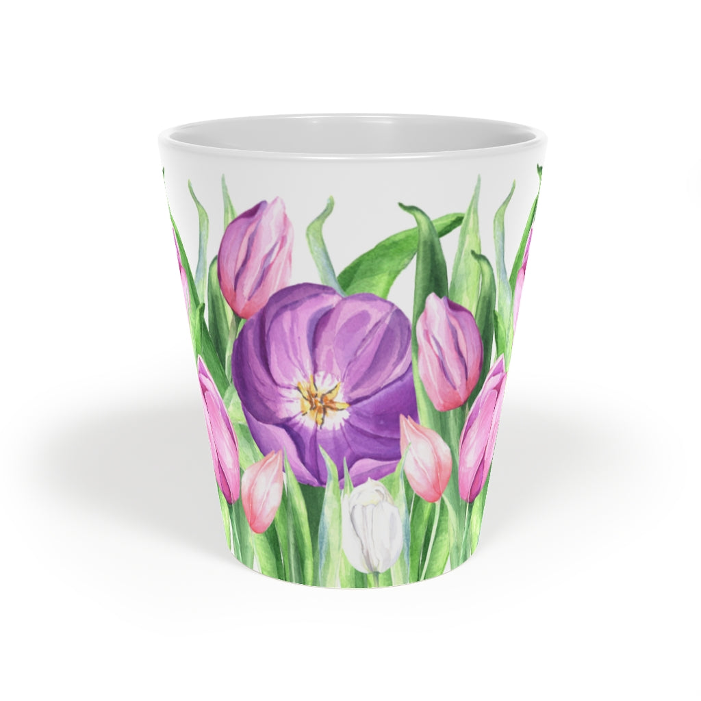 Coffee Mug Tulips on White Latte Mug, 12oz