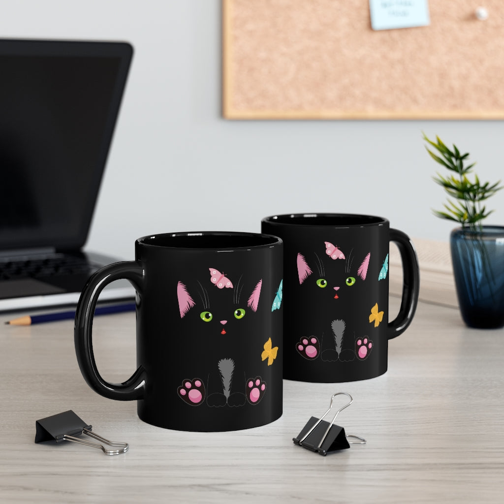 Coffee Mug Black Cat and Butterfly Black Mug