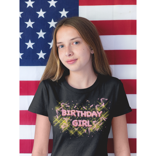 Girl Wearing Birthday Girl Tee