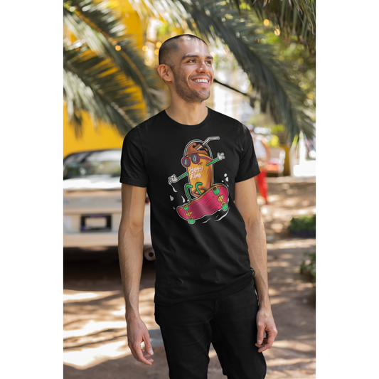 Smiling man wearing a black tee with a flying skateboard on it