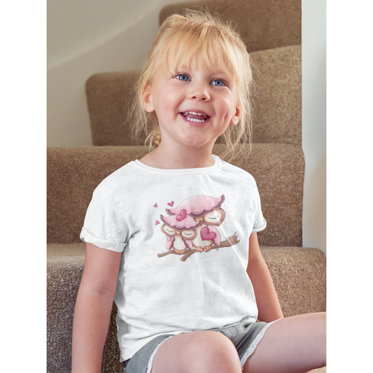 Blonde child wearing a pink owl t shirt in 100% cotton
