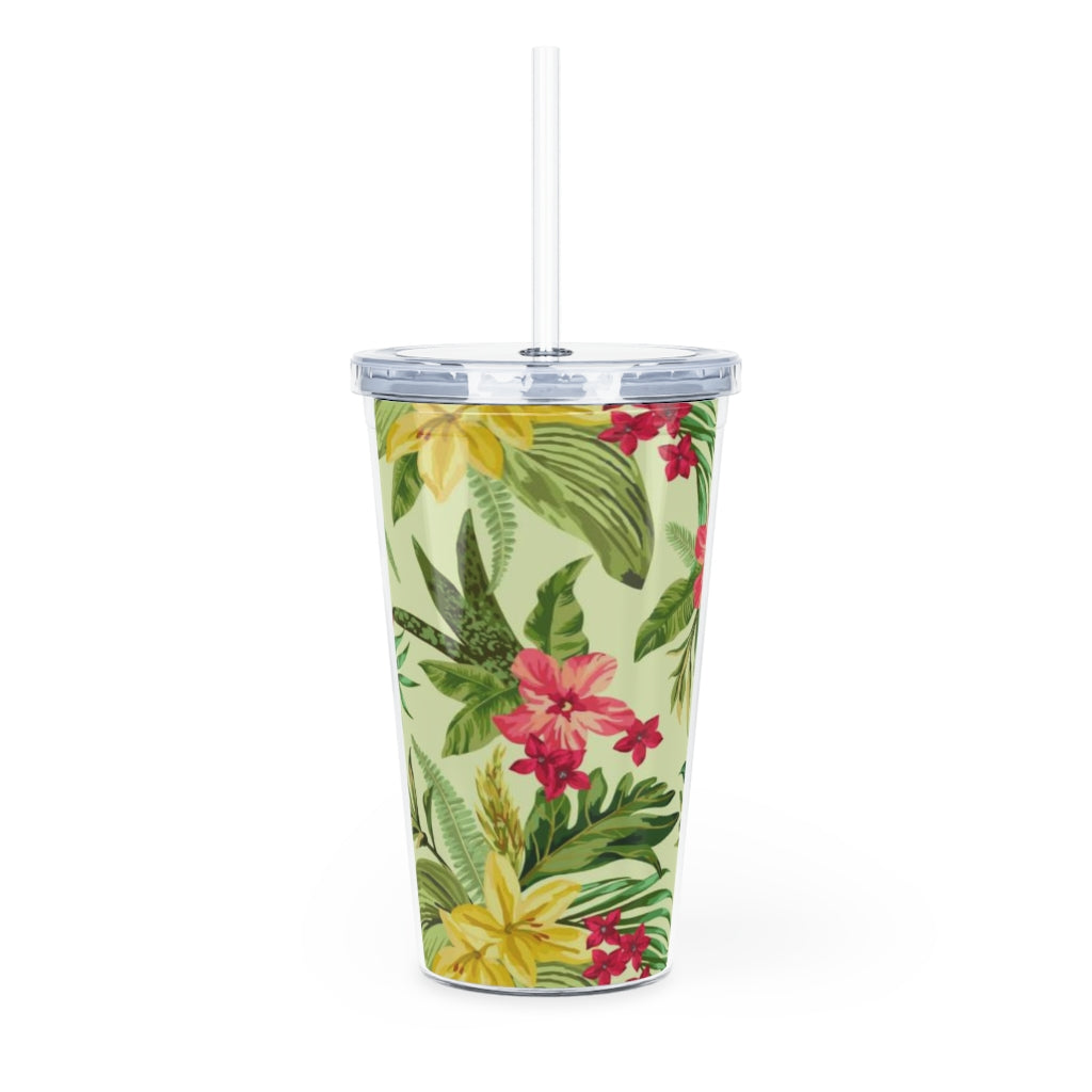 Tropical Flowers Plastic Tumbler with Straw