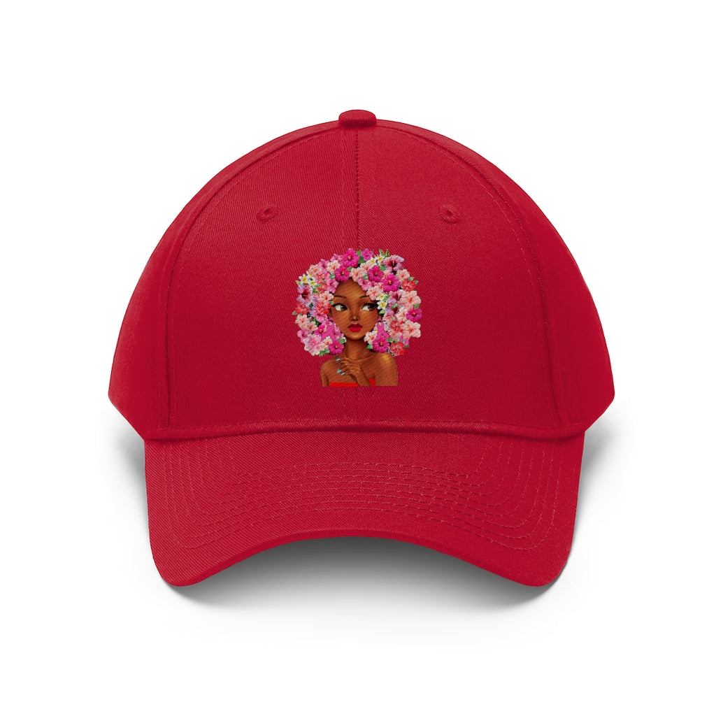 Baseball Cap Hat with Black Girl with Flowered Hair