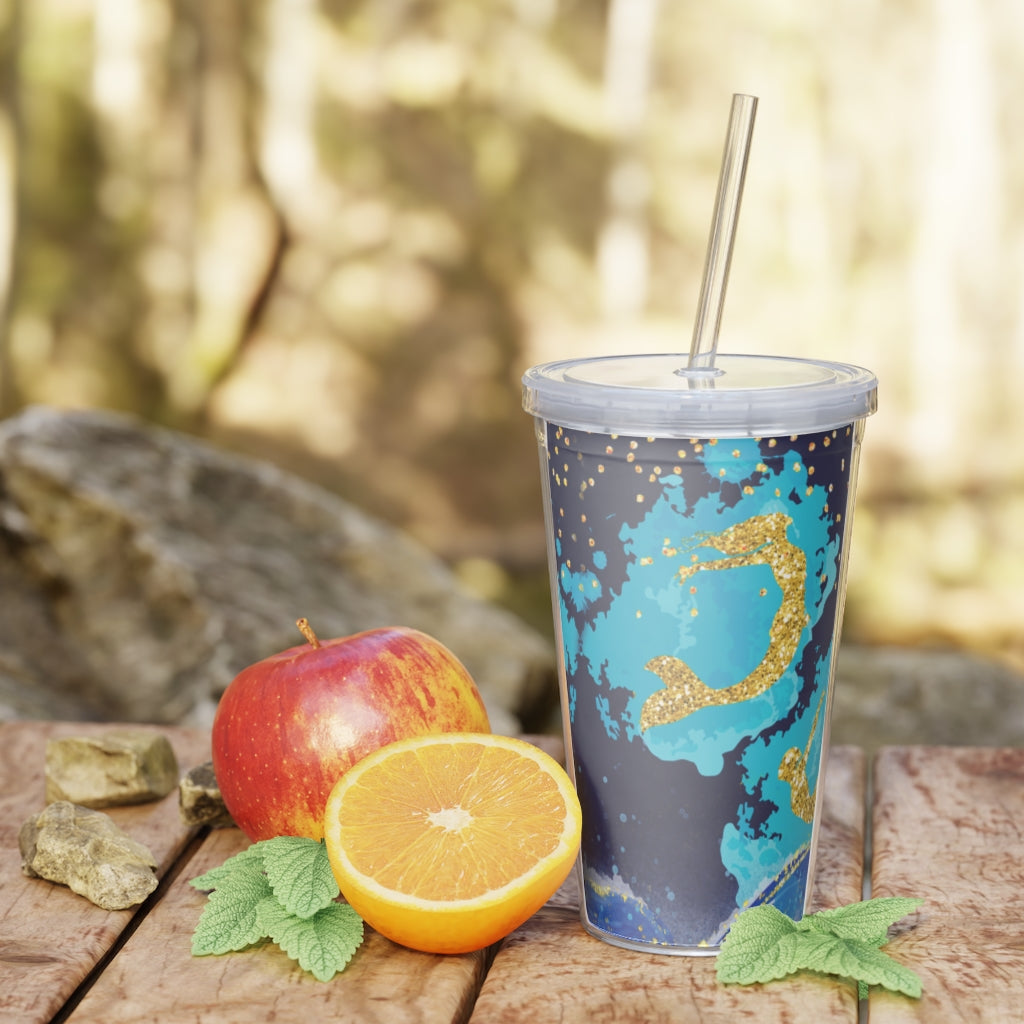 Plastic Tumbler Blue Mermaid Design Plastic Tumbler with Straw