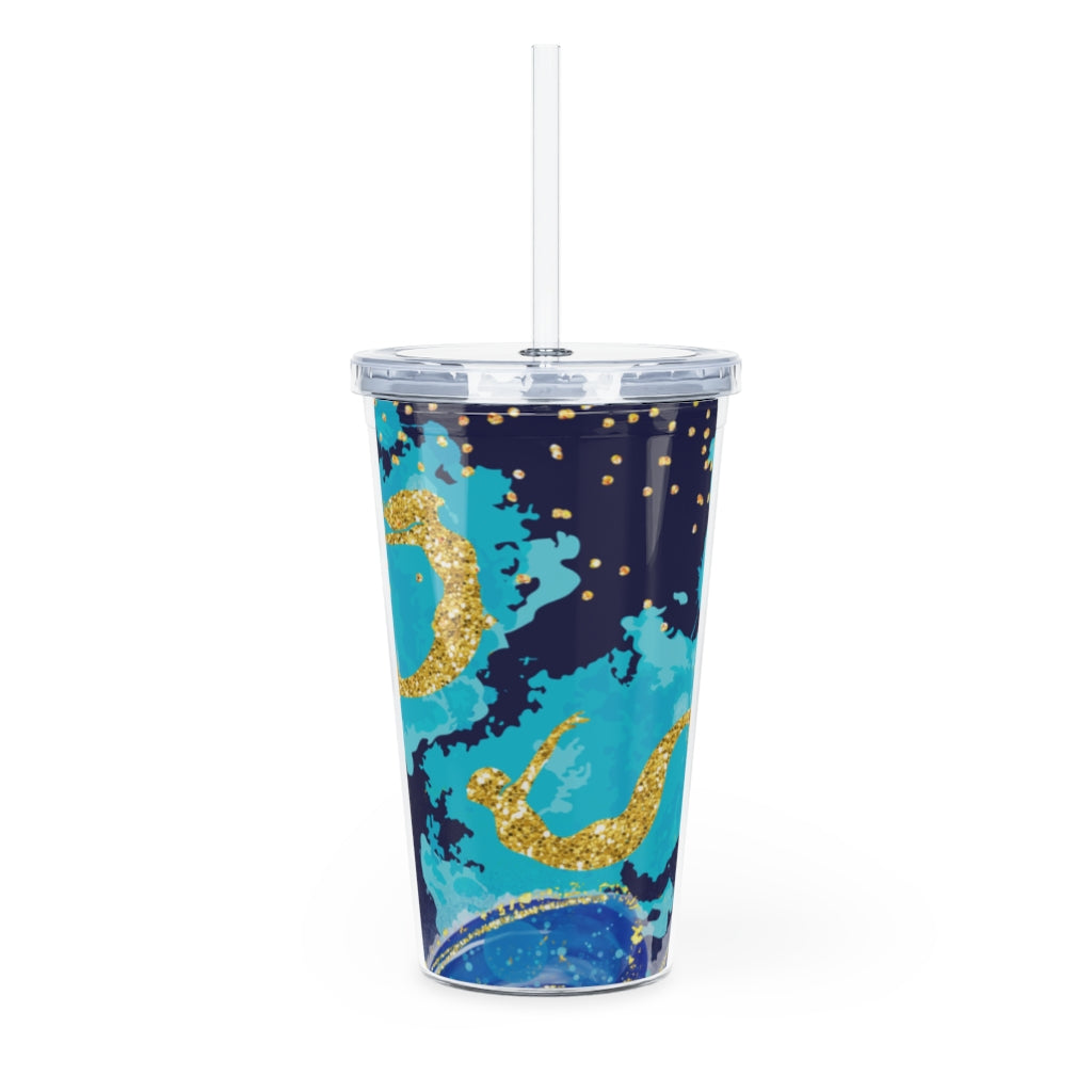 Plastic Tumbler Blue Mermaid Design Plastic Tumbler with Straw