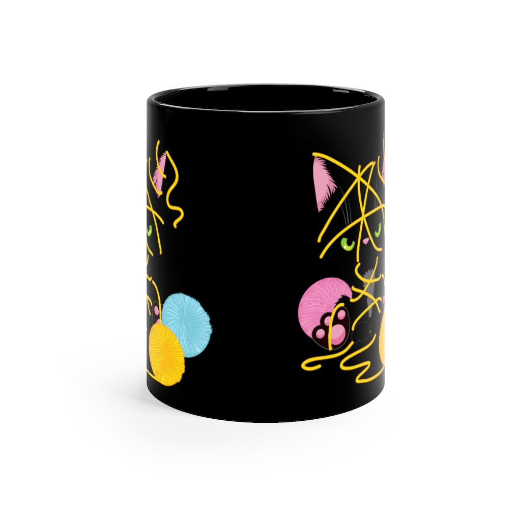 Coffee Mug Black Kitten in Yarn 11oz Black Mug