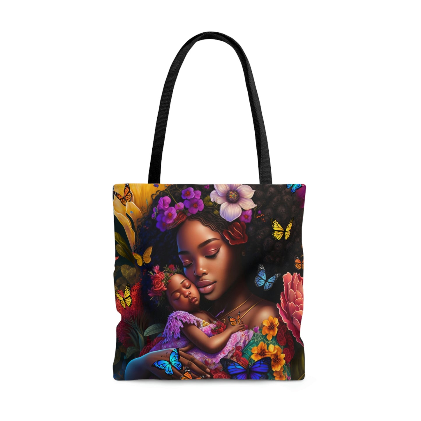 Beautiful Black Mom with Baby and Butterflies Tote