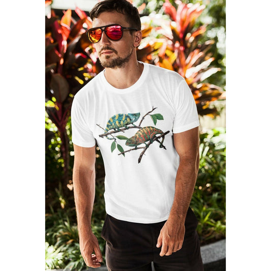 Man wearing Solar Activated Tee with 2 Chameons that go from Black & White to Full Color in the sun.