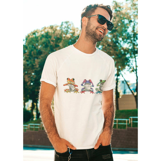 Man wearing 3 Frogs Solar Tee shirt that change from Black & White to full Color when exposed to the sun. 