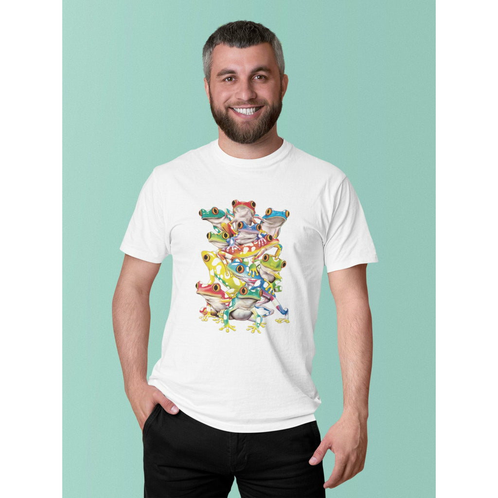 Man wearing Solar Actived Frogs Tee Shirt that go from Black & White to Full Color in the Sun.