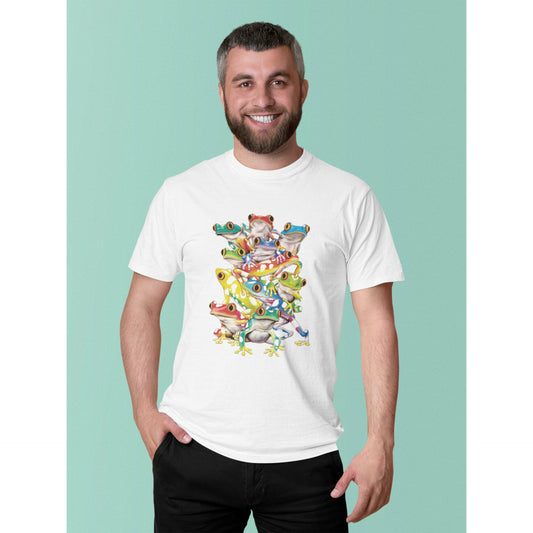 Man wearing Solar Actived Frogs Tee Shirt that go from Black & White to Full Color in the Sun.