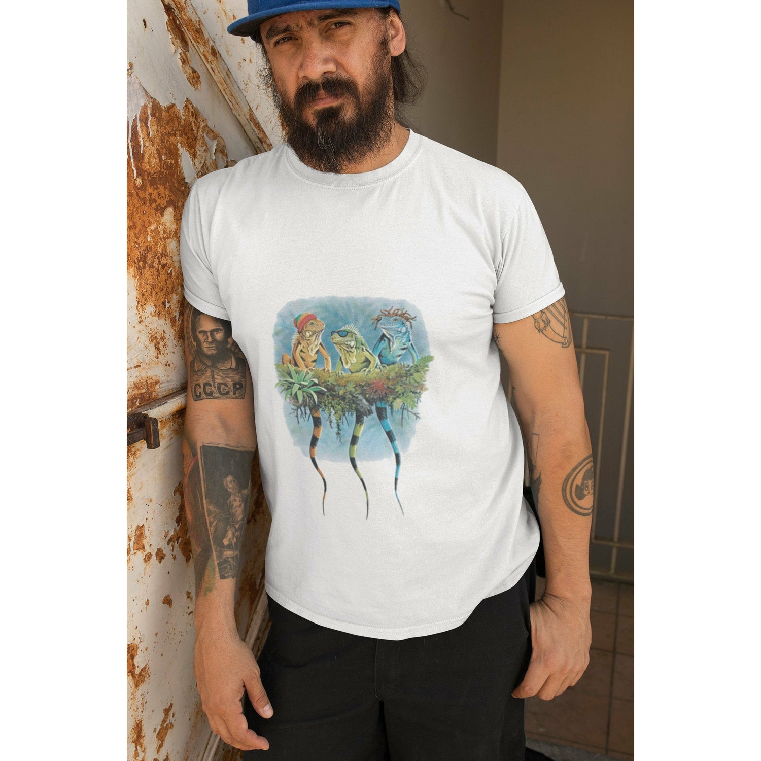 Man wearing a Solar Tee with 3 Iguana that change from Black & White to Full Color when exposed to the sun.