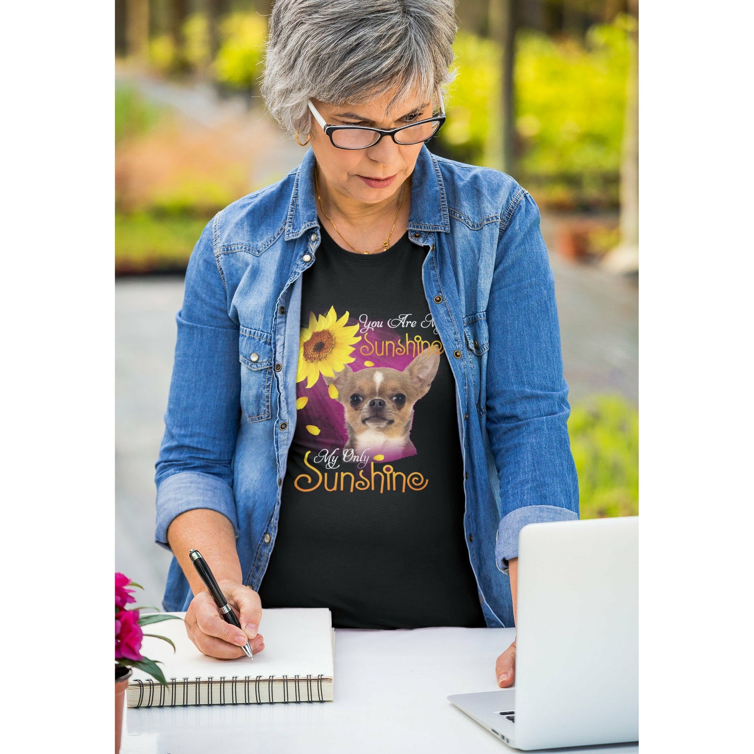 Woman wearing "You Are My Sunshine," Chihuahua Tee Shirt. 