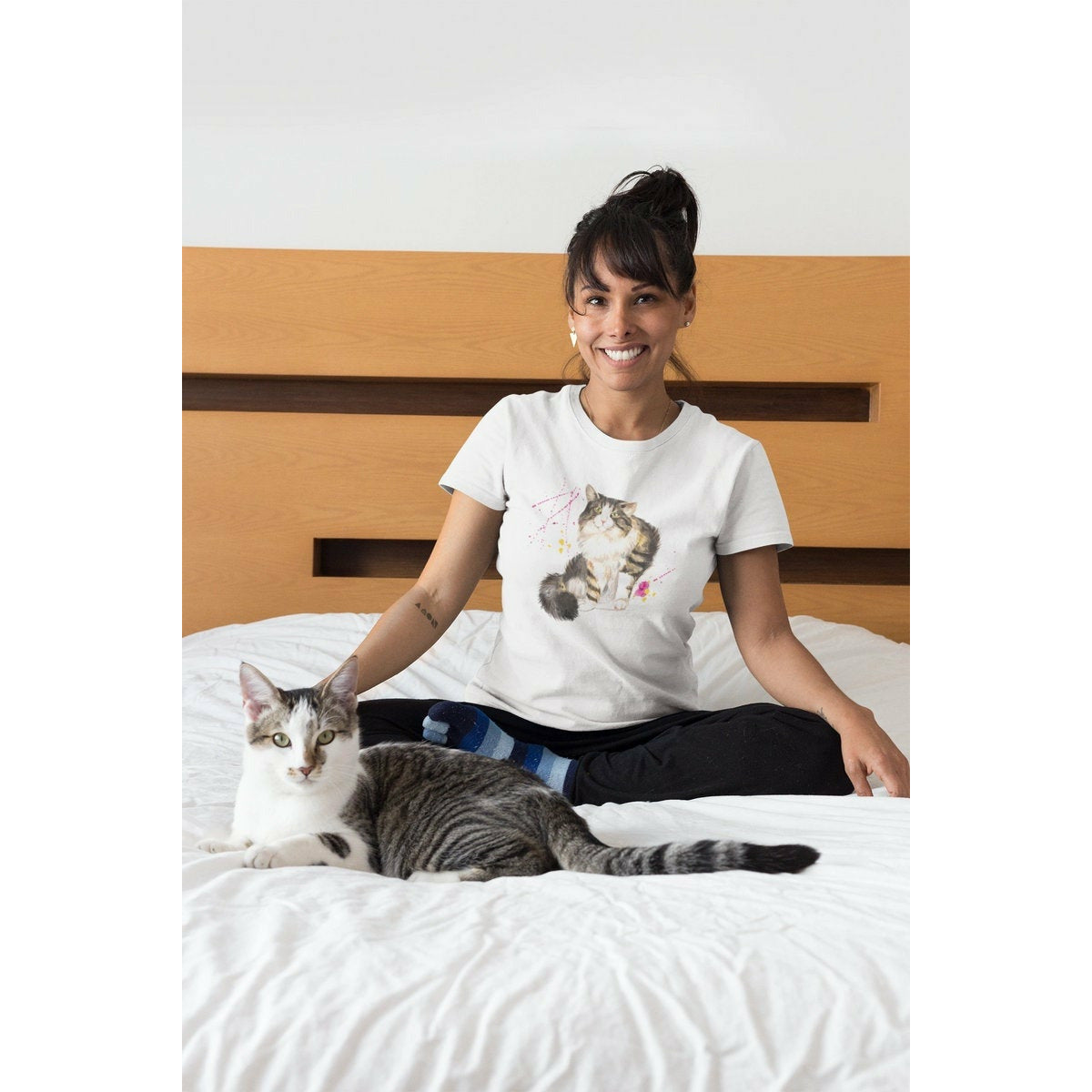 Woman wearing "Water Color," Grayish  Cat Tee Shirt.
