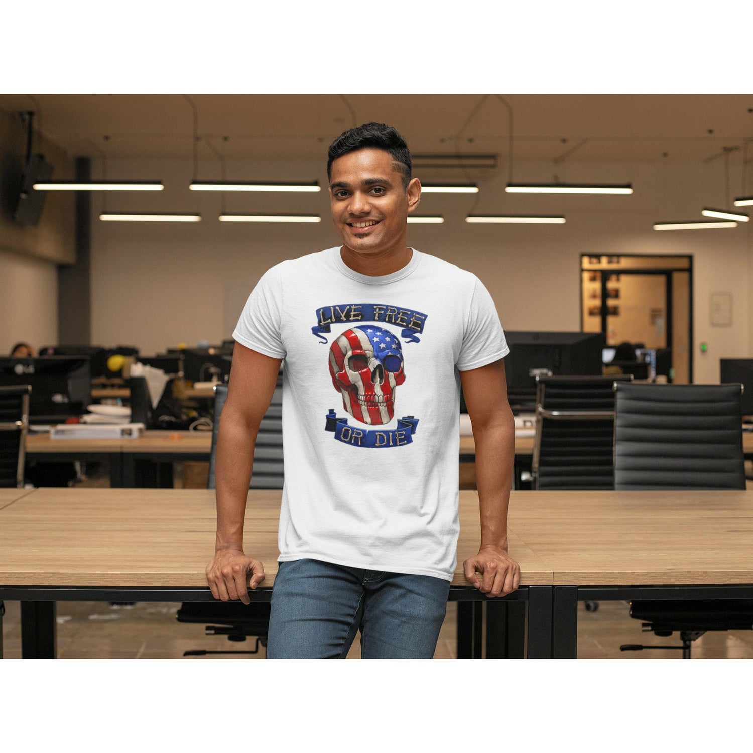 Man wearing a Tee shirt with  an American,  Red, White & Blue Flag on it, and the words "Live Free Or Die." 