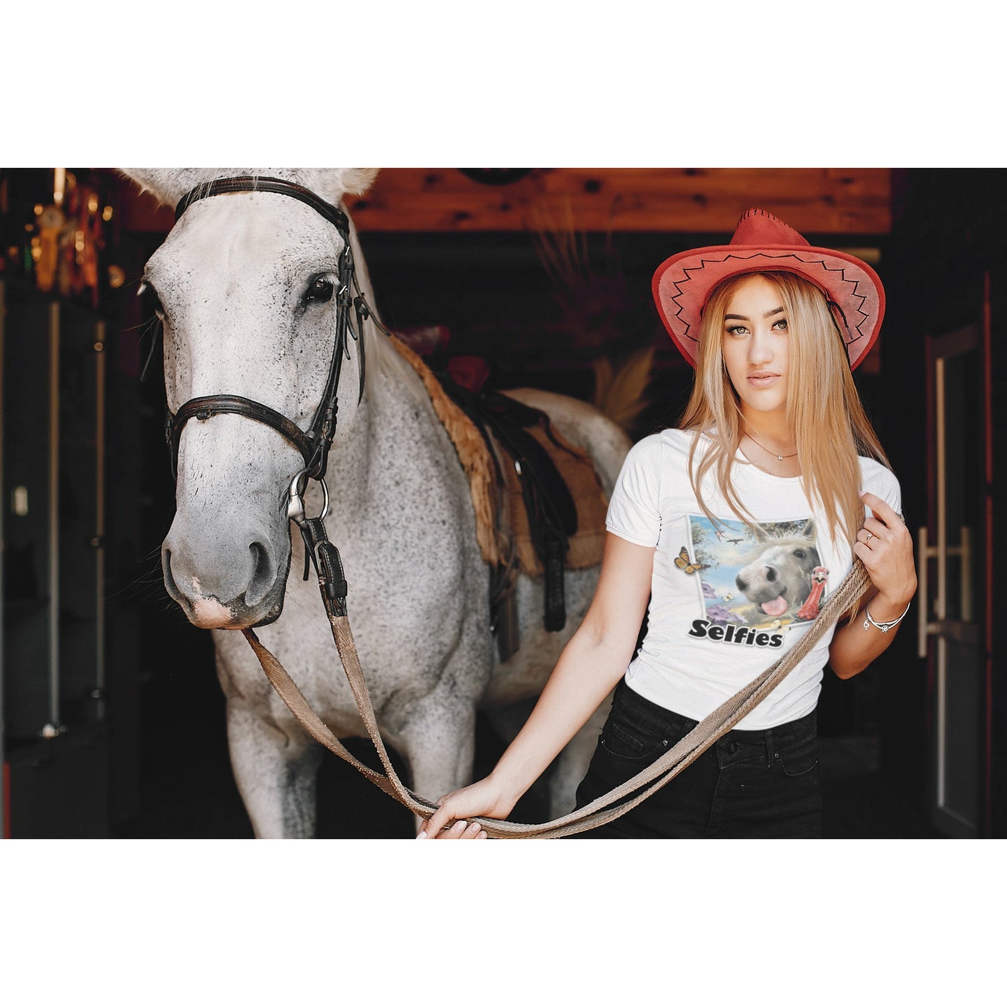 Girl wearing Solar Actived Horse "Selfie" Tee shirt that go from Black & White to Full Color in the sun.