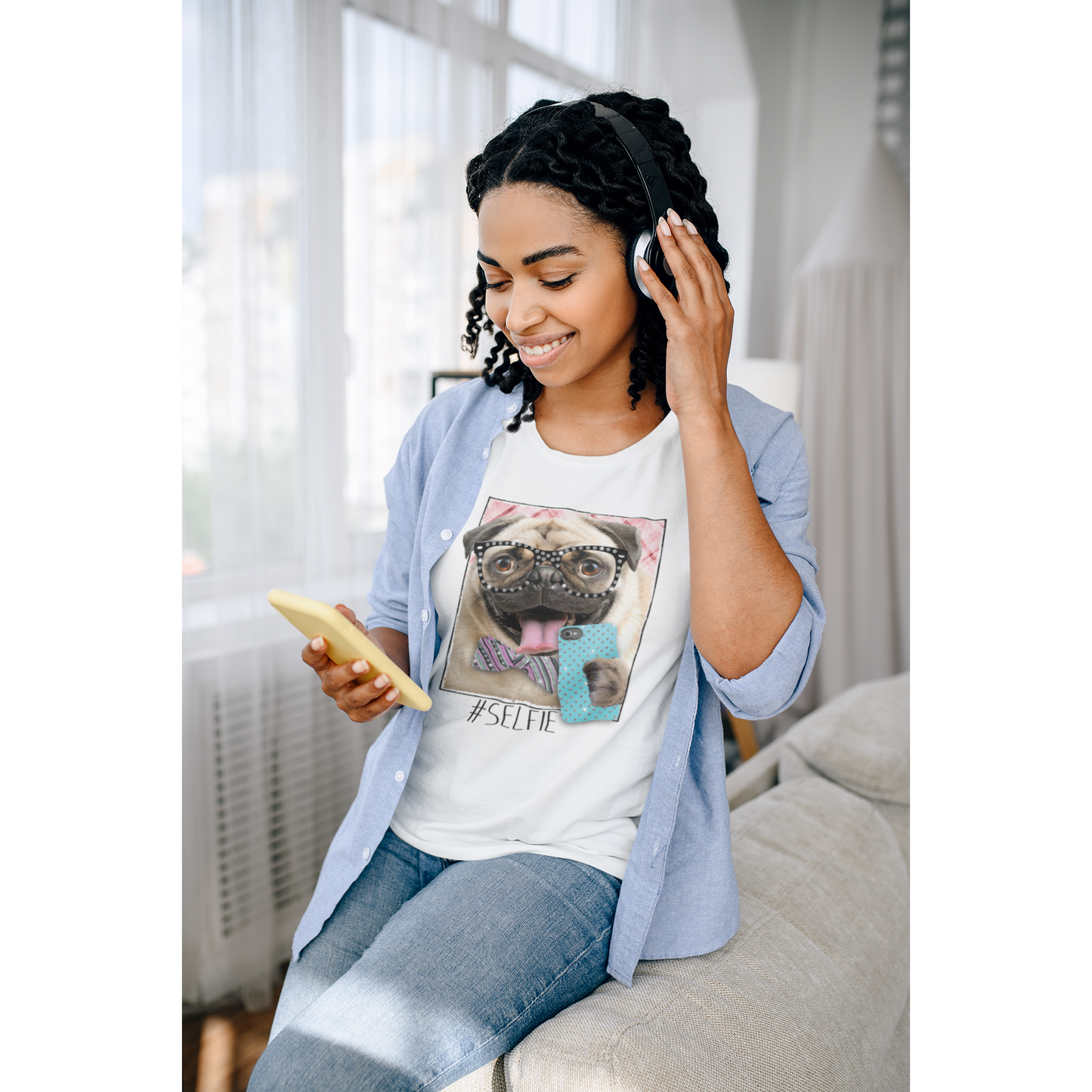 Girl with a Pug wearing eyeglasses with Rhinestones, in a "Selfie."